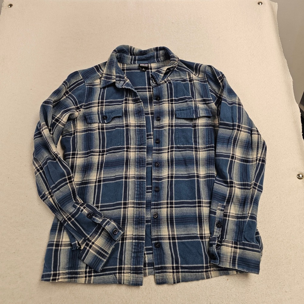 Patagonia Womens Blue Plaid Organic Cotton Flannel Button Down Shirt Size 10